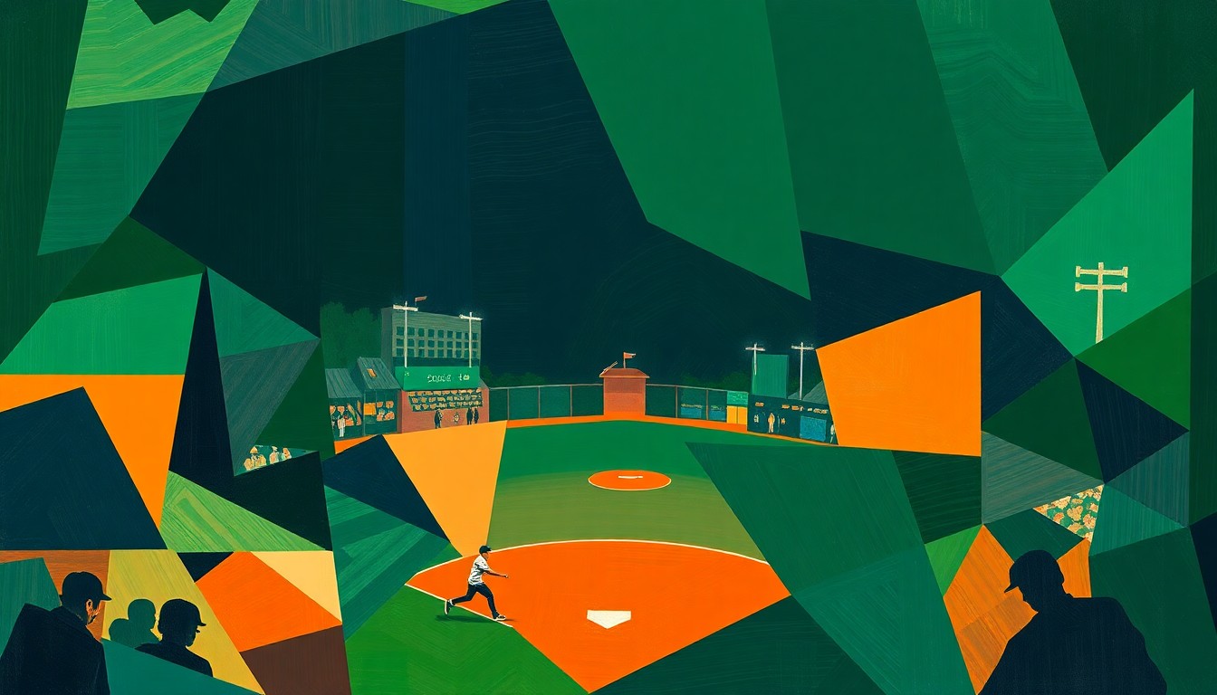A cubist, geometric painting depicting the dynamic action of a high school baseball game, with overlapping planes of navy, green, and orange conveying the intensity and energy of the competition.