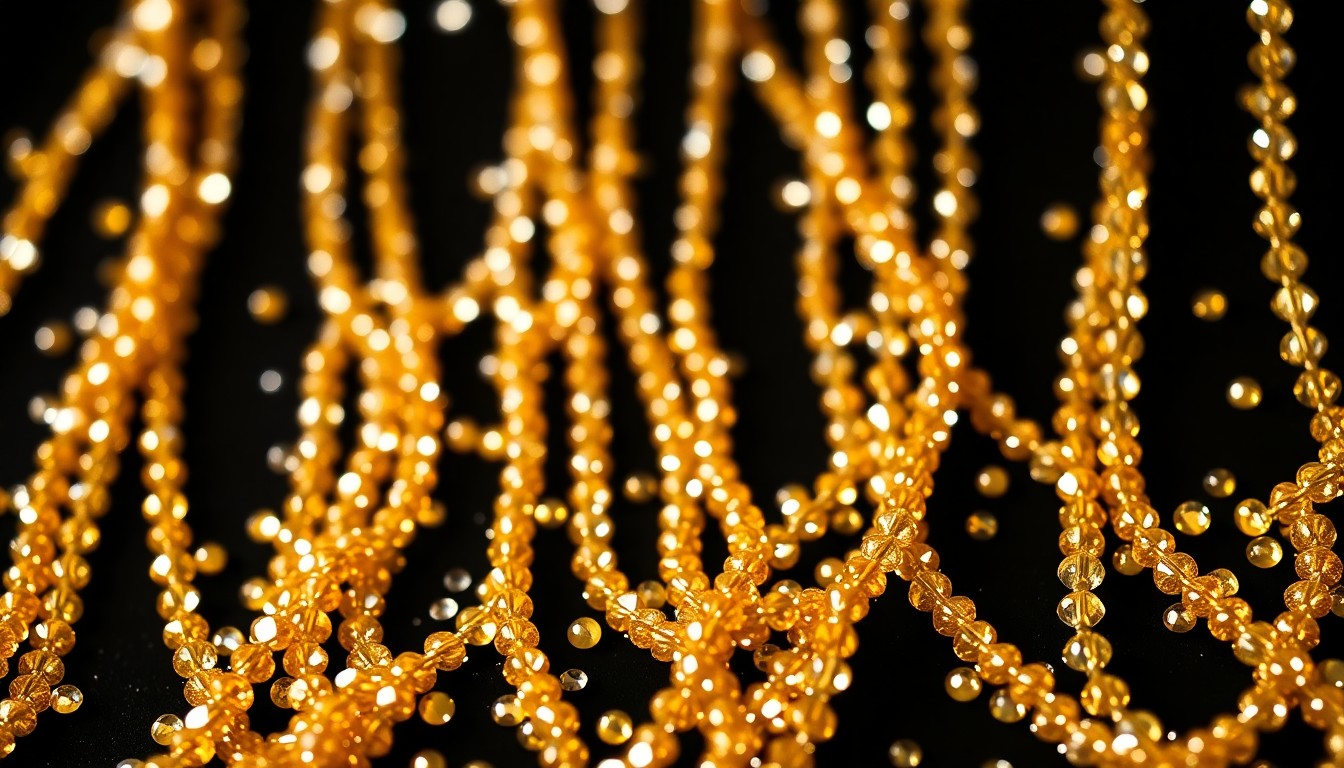 An extreme close-up photograph showcasing the intricate textures of shimmering gold sequins and sparkling crystal beads, capturing the glamour and opulence of a high-profile awards show red carpet.