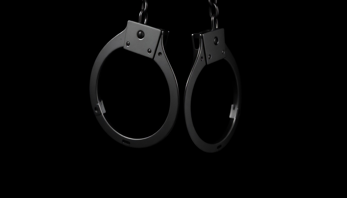 An extreme close-up photograph of a pair of handcuffs against a pitch-black background, lit by a harsh, direct camera flash, conceptually representing the legal repercussions of a caretaker's alleged neglect of disabled adults.