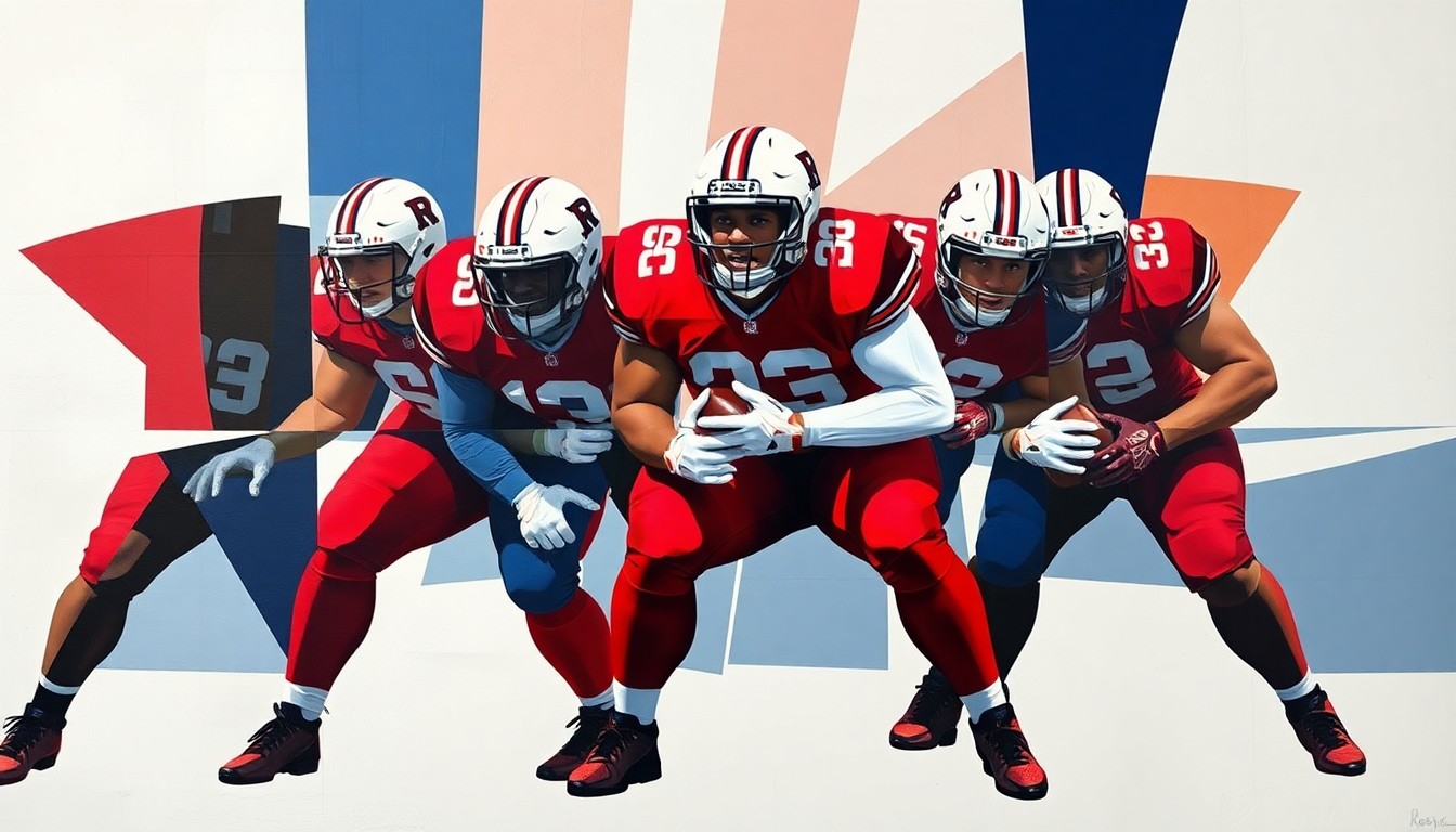 A cubist, geometric painting depicting the fragmented forms of a Rutgers football offensive line, with players' bodies and equipment broken down into abstract shapes and planes of deep red, navy blue, and white.