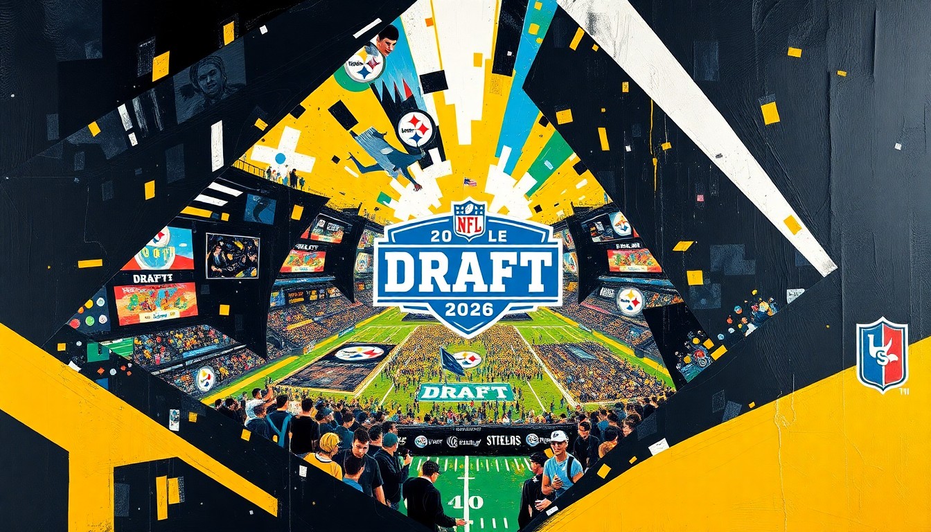 A fractured, geometric painting in vibrant shades of black, gold, and other colors, capturing the energy and excitement of the 2026 NFL Draft in Pittsburgh through an abstract, cubist-inspired visual style.