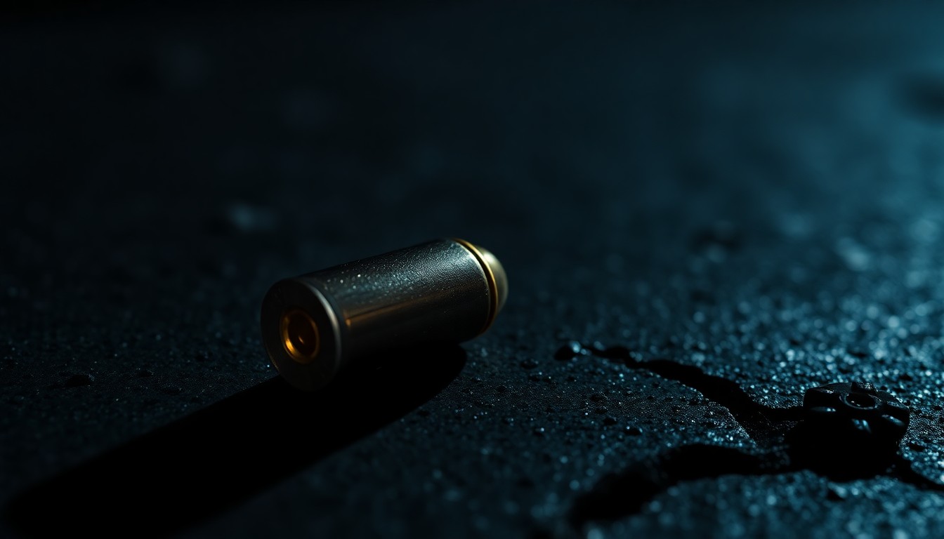 An extreme close-up photograph of a spent bullet casing on a dark concrete surface, conceptually illustrating the aftermath of a shooting incident near a university campus.