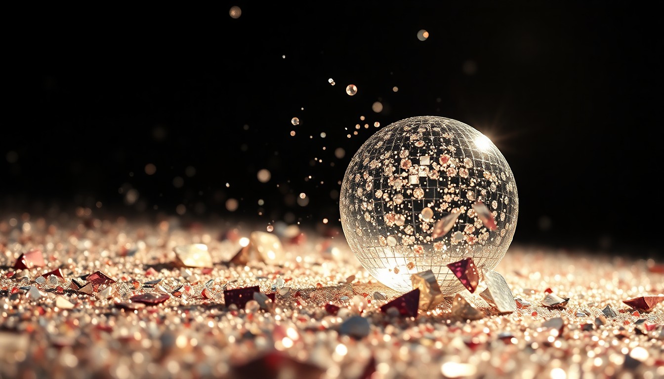 An abstract close-up image of glittering sequins and shattered glass, capturing the glamour and excitement of a major music festival performance.
