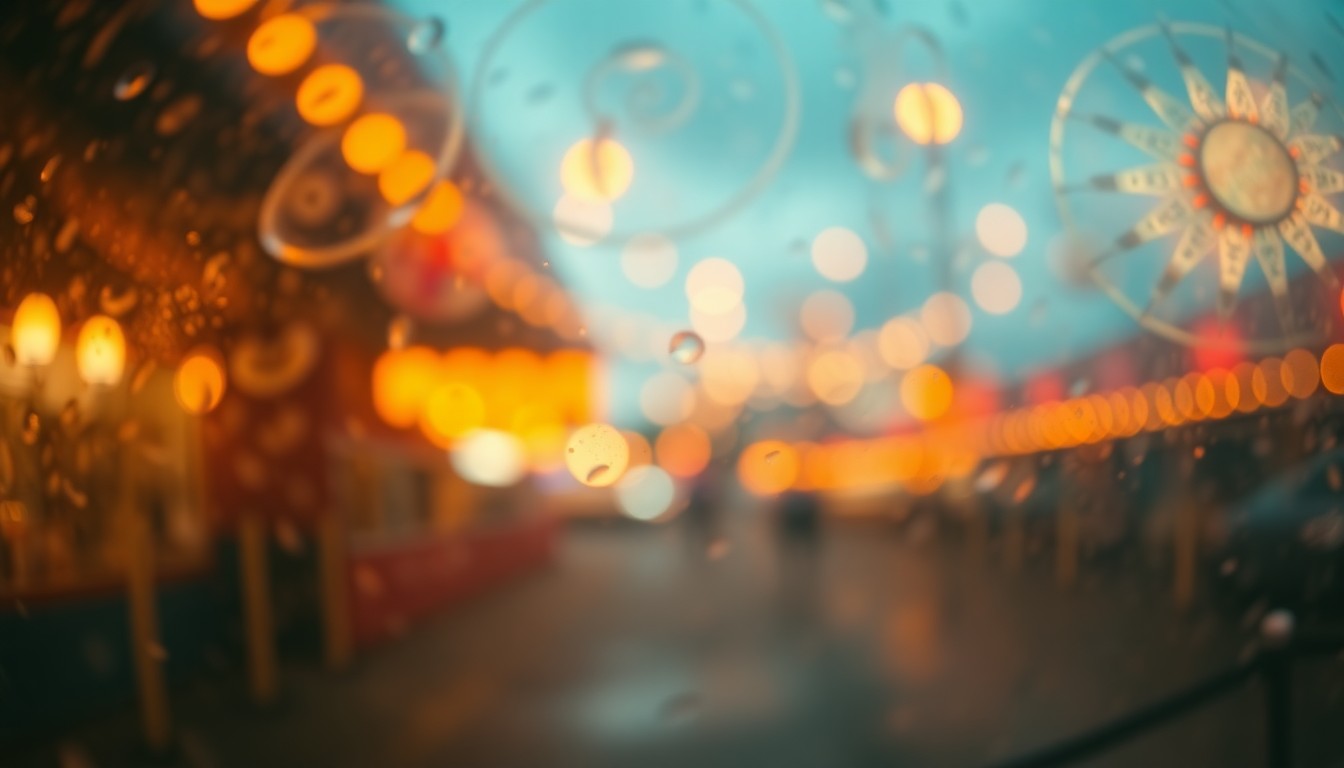 An extremely blurred, impressionistic photograph composed of soft, warm pools of light and color, conceptually representing the quirky, nostalgic atmosphere of Gibsonton, Florida's circus history.