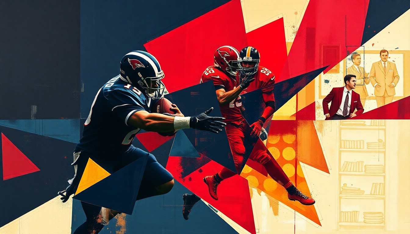 A cubist, geometric painting depicting a fragmented football field with players and action breaking down into sharp, overlapping shapes in dark navy, crimson red, and gold, conveying the intensity and energy of Golesh's high-octane offense.
