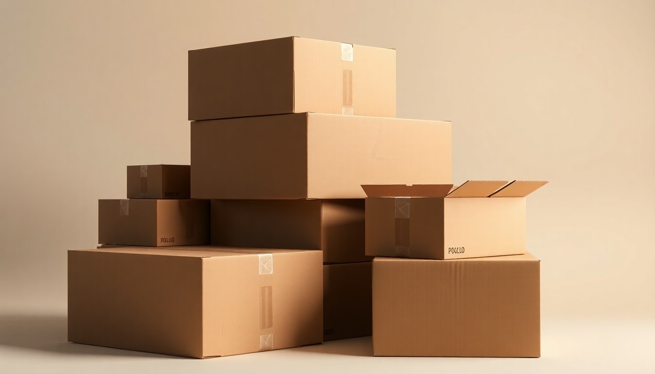 A photorealistic studio still life featuring a stack of premium, matte-finished cardboard boxes in neutral tones, conceptually representing International Paper's sustainable packaging solutions.