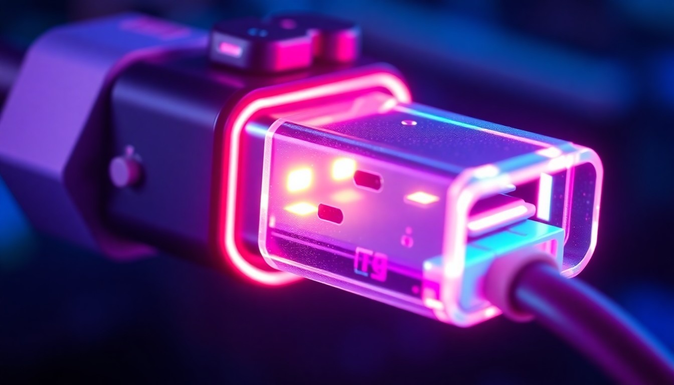 A highly detailed, glowing 3D macro illustration of a USB-C port and cable, with neon cyan and magenta lights illuminating the intricate cybernetic hardware, conceptually representing the complex power dynamics and corporate interests at play in the shift to a common charging standard.