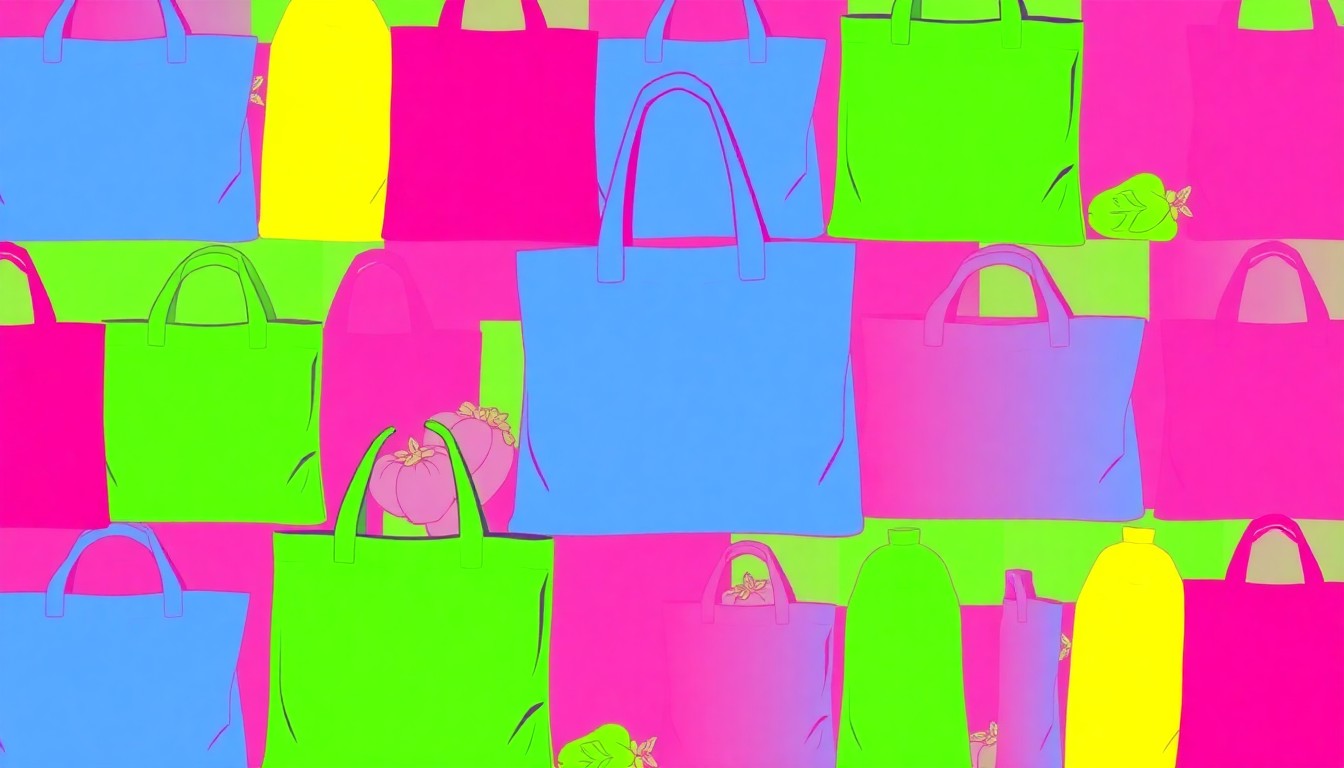 A brightly colored, high-contrast silkscreen print of a reusable grocery bag repeated in a tight grid pattern, conceptually representing the iconic products and community-focused mission of Rainbow Grocery Cooperative.