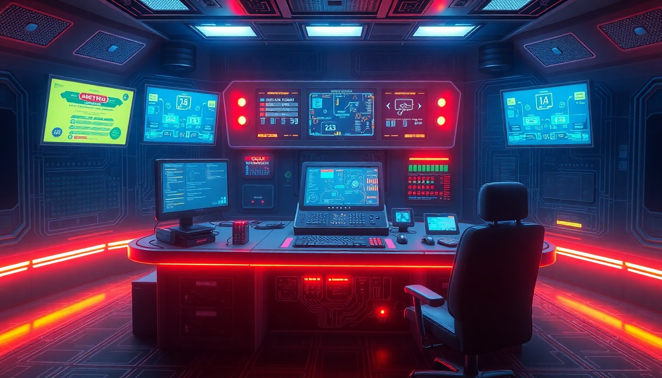 A highly detailed 3D illustration of a glowing, futuristic police dispatch console with holographic displays, pulsing neon lights, and intricate circuit board patterns, conceptually representing the advanced technology powering modern emergency services.