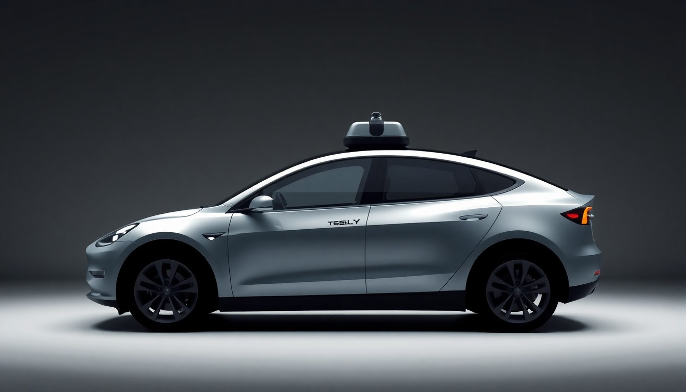 A photorealistic studio still-life photograph featuring a sleek, polished Tesla Model Y electric vehicle in a minimalist, monochromatic setting with dramatic lighting and deep shadows, conceptually representing the company's autonomous driving technology and robotaxi business.