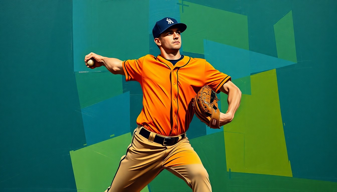 A cubist, geometric painting depicting a baseball pitcher's delivery broken down into sharp, overlapping planes of navy blue, forest green, and burnt orange, conceptually representing the analytical, multi-faceted nature of Mitch Keller's crucial start for the Pirates.