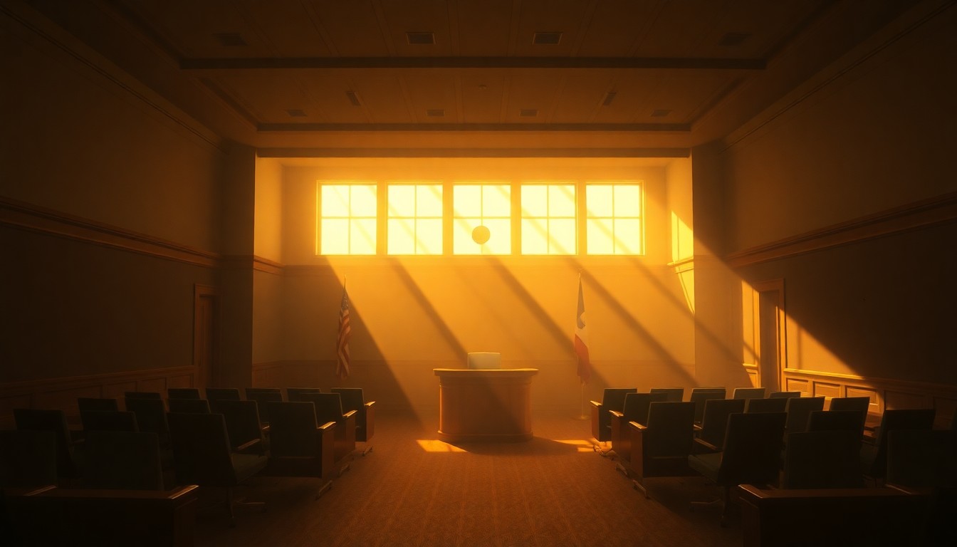 A dimly lit, cinematic painting of an empty courtroom with wooden benches and a judge's podium, the room bathed in warm, golden light streaming in through tall windows, conceptually representing the changing landscape of the immigration court system.