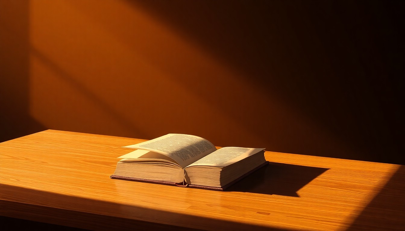 A close-up view of a used textbook sitting on a wooden desk, the pages and cover illuminated by warm, directional sunlight casting deep shadows, conveying a sense of nostalgia and the personal value of resold goods.