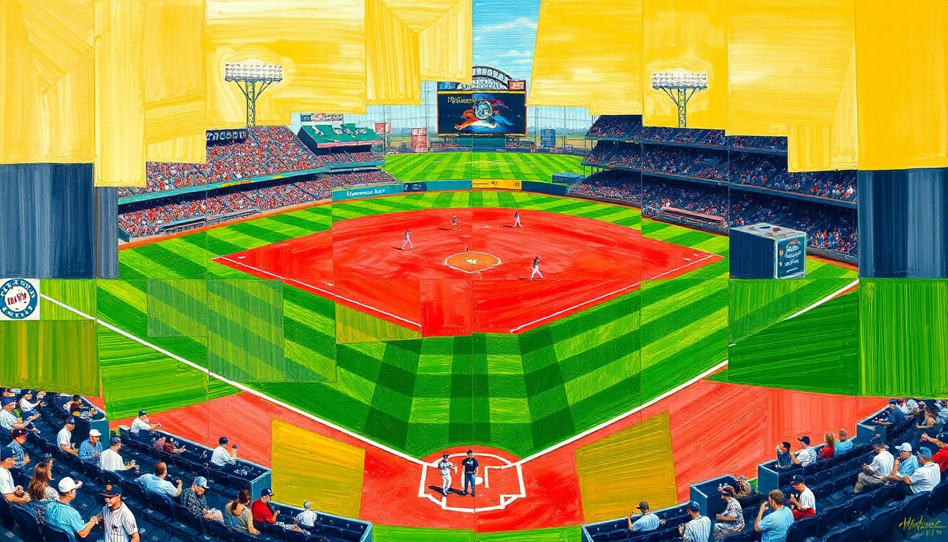 A cubist, geometric painting depicting the final moments of a baseball game, with overlapping planes of green, red, and blue representing the field, players, and action.
