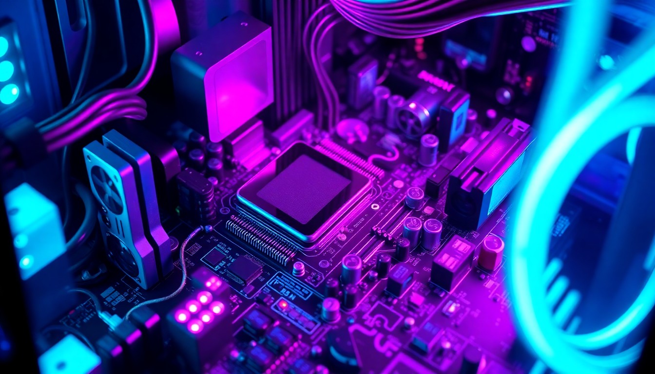 A highly detailed, glowing 3D illustration of a computer motherboard and components, with neon cyan and magenta lights illuminating the intricate circuitry, conceptually representing the technical complexity and hands-on nature of the computer repair work done at the nonprofit organization.