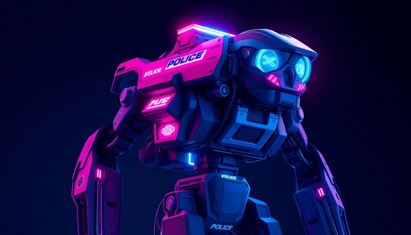 A highly detailed, glowing 3D illustration of a police search and rescue robot, its internal components illuminated by neon cyan and magenta lights, conveying a sense of technical sophistication and readiness for emergency response.