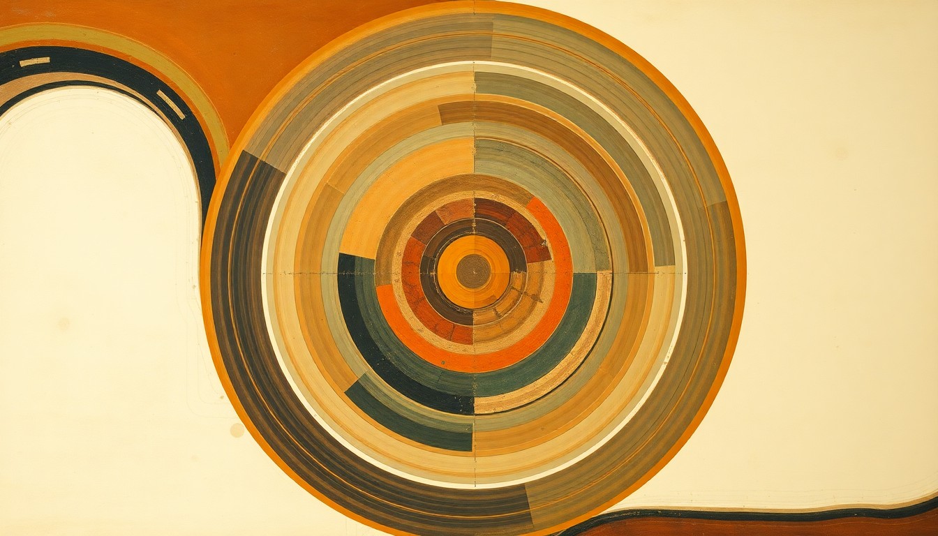 A highly textured, geometric abstract painting in earthy tones of ochre, sienna, and sage green, depicting the complex structures and forces involved in rare earth metal extraction and processing through sweeping arcs, concentric circles, and precise spirals, conveying the natural order and technical challenges of this vital industry.
