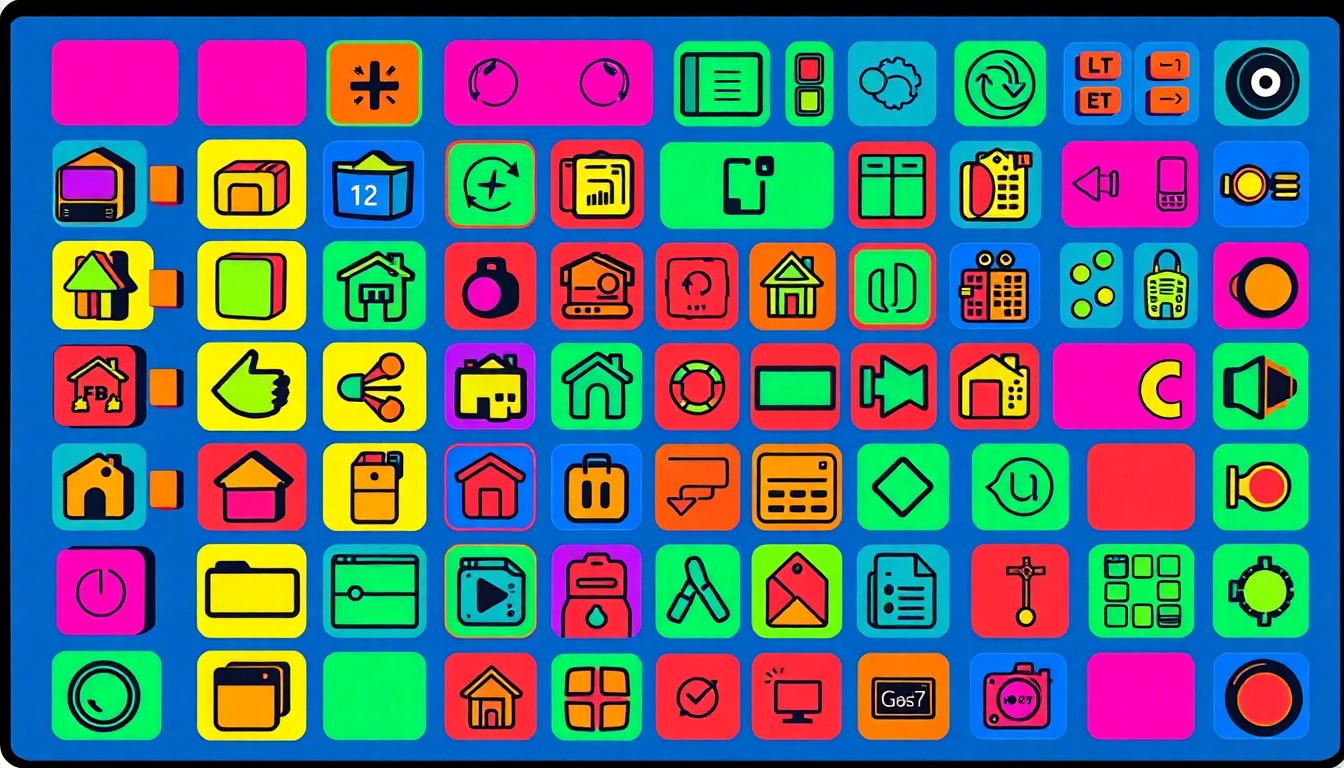 A brightly colored, high-contrast silkscreen print of various smart home control panel icons and buttons, repeated in a tight grid pattern to represent the advanced technology and design elements of the HGTV Smart Home 2026.