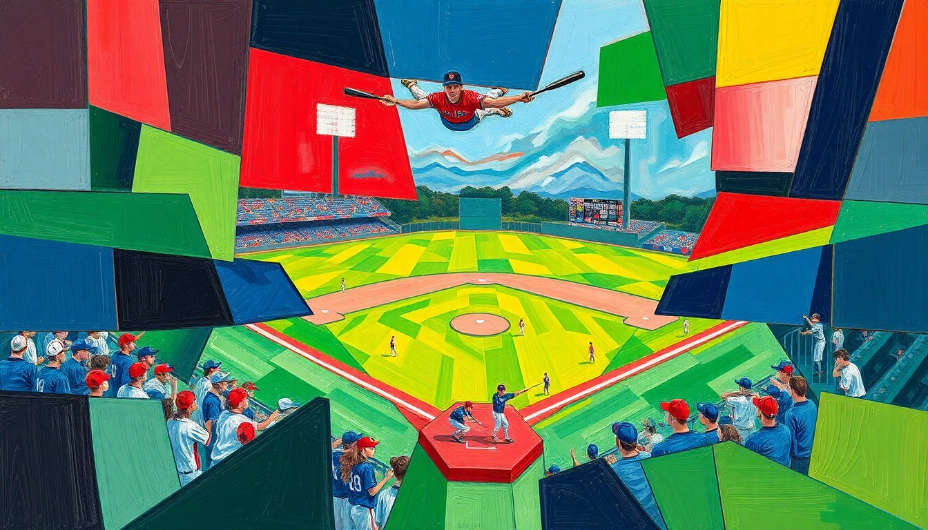 A cubist, geometric painting depicting a high school baseball game, with the players and field broken down into sharp, overlapping planes of color in a vibrant, abstract style.