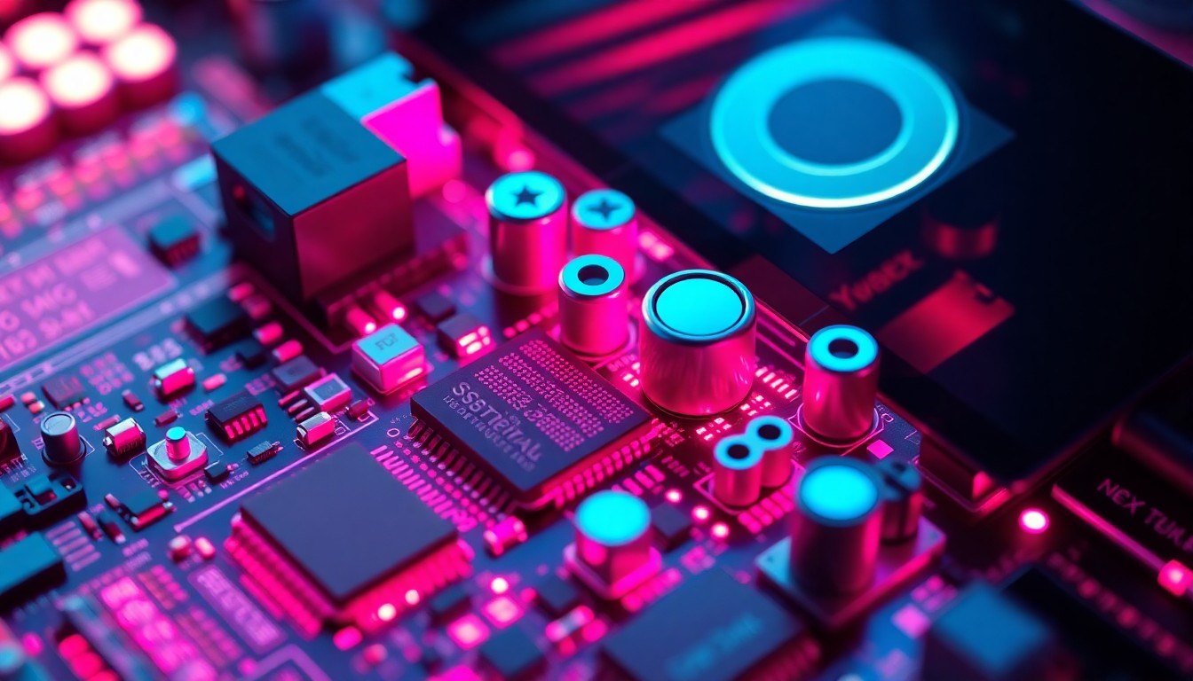 A highly detailed, glowing 3D macro illustration of the internal circuitry and components of the Google Nexus Q media player, with neon cyan and magenta lights emanating from the various processors, circuit boards, and other technical elements, creating a visually striking and conceptually relevant representation of the device's global supply chain.