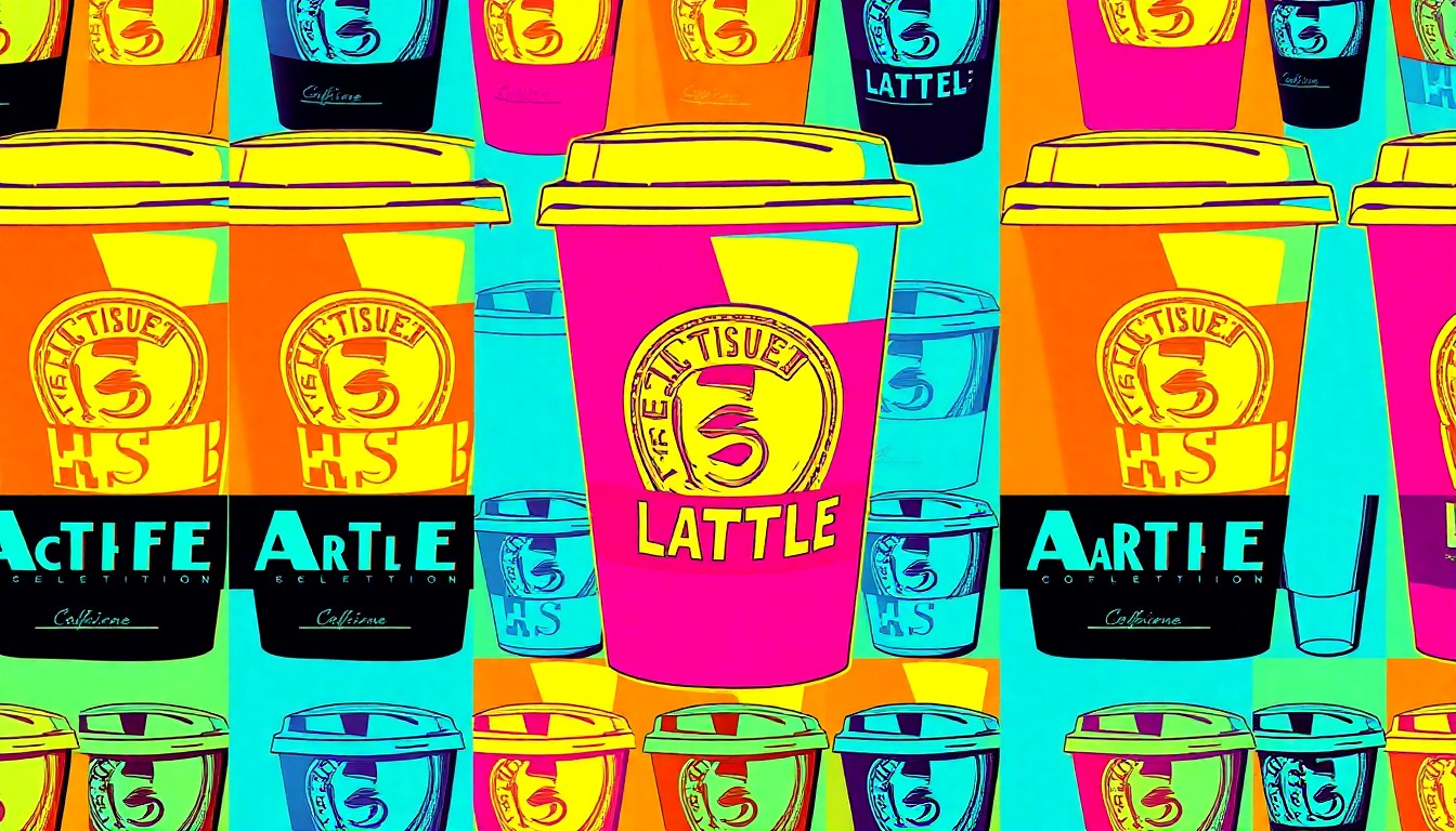 A high-contrast silkscreen print of an iconic Atlantic Station object like a coffee cup or retail sign, repeated in a grid of flat, neon colors and heavy black outlines, conceptually representing the development's modern, consumer-focused lifestyle.