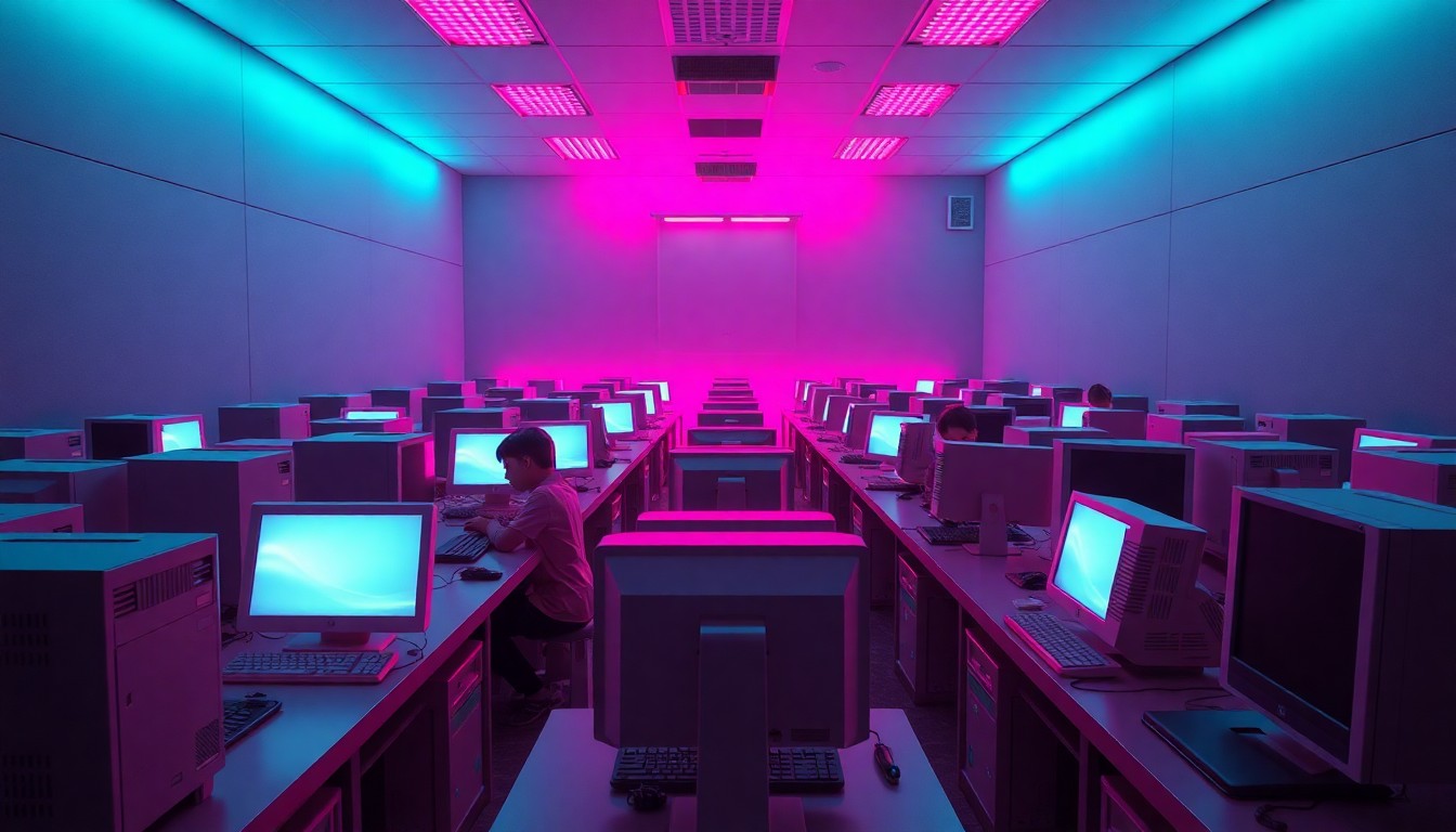 A highly detailed, glowing 3D illustration of a classroom filled with repurposed desktop computers and peripherals, illuminated by neon lights, representing the transformation of an underfunded school into a technology-rich learning environment.