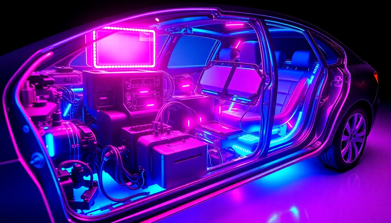 A highly detailed, glowing 3D illustration of a car's internal electronic components and wiring, illuminated by neon cyan and magenta lights, conceptually representing the complex technology behind automotive systems.