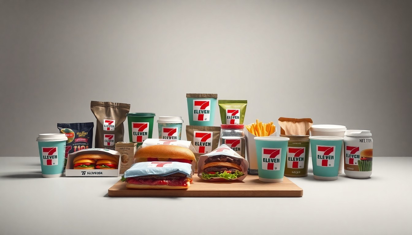A minimalist, high-contrast studio photograph showcasing a curated selection of 7-Eleven's new premium food and beverage offerings, conveying the chain's shift towards a more elevated, polished image.