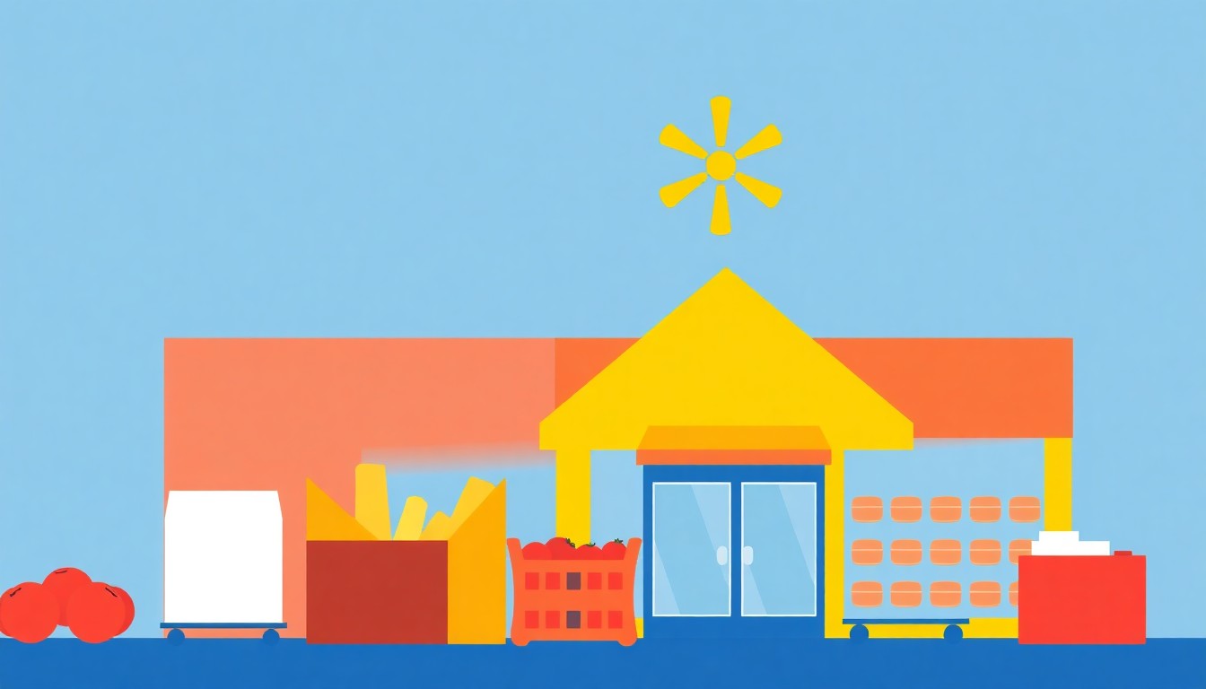 A vibrant abstract illustration using simple geometric shapes and primary colors to conceptually represent the savings offered by discount grocery stores compared to Walmart.