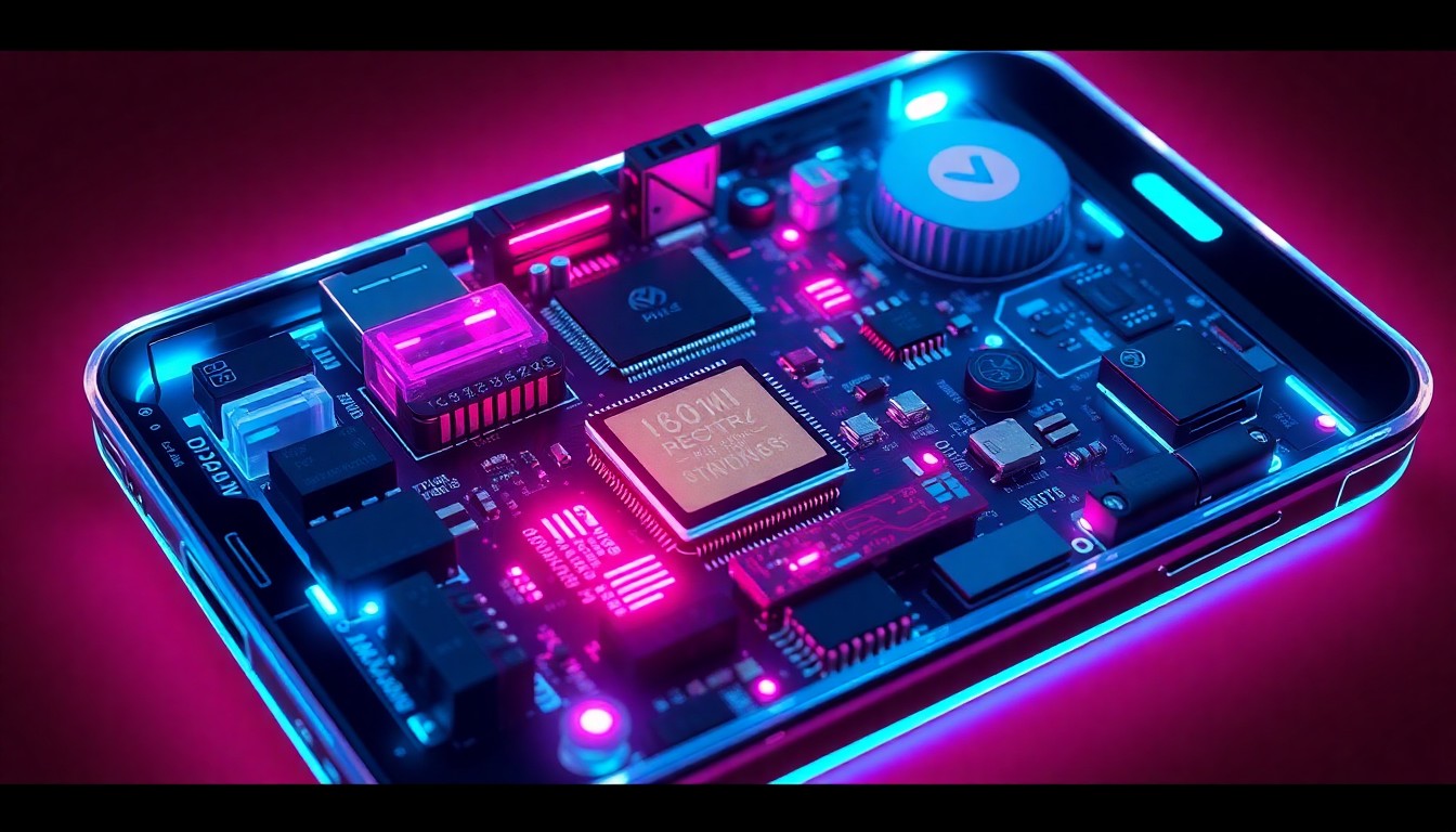 A highly detailed, glowing 3D illustration of the internal components and circuitry of a DIY cell phone, with neon cyan and magenta lights illuminating the various electronic elements, conceptually representing the technical complexity behind even the most basic mobile devices.