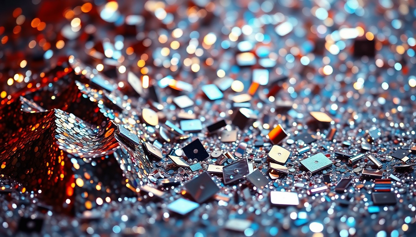 An extreme close-up photograph of shimmering sequins and shattered glass, capturing the glitz and energy of a major music festival performance.
