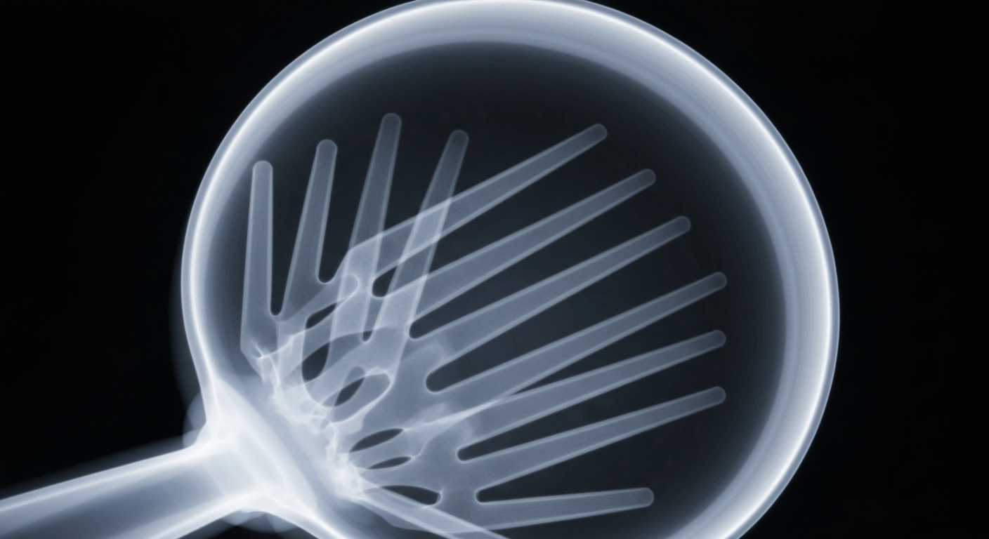 An extreme close-up X-ray photograph revealing the ghostly, glowing internal structures of a restaurant kitchen utensil, conceptually illustrating the importance of cleanliness and sanitation in food preparation.