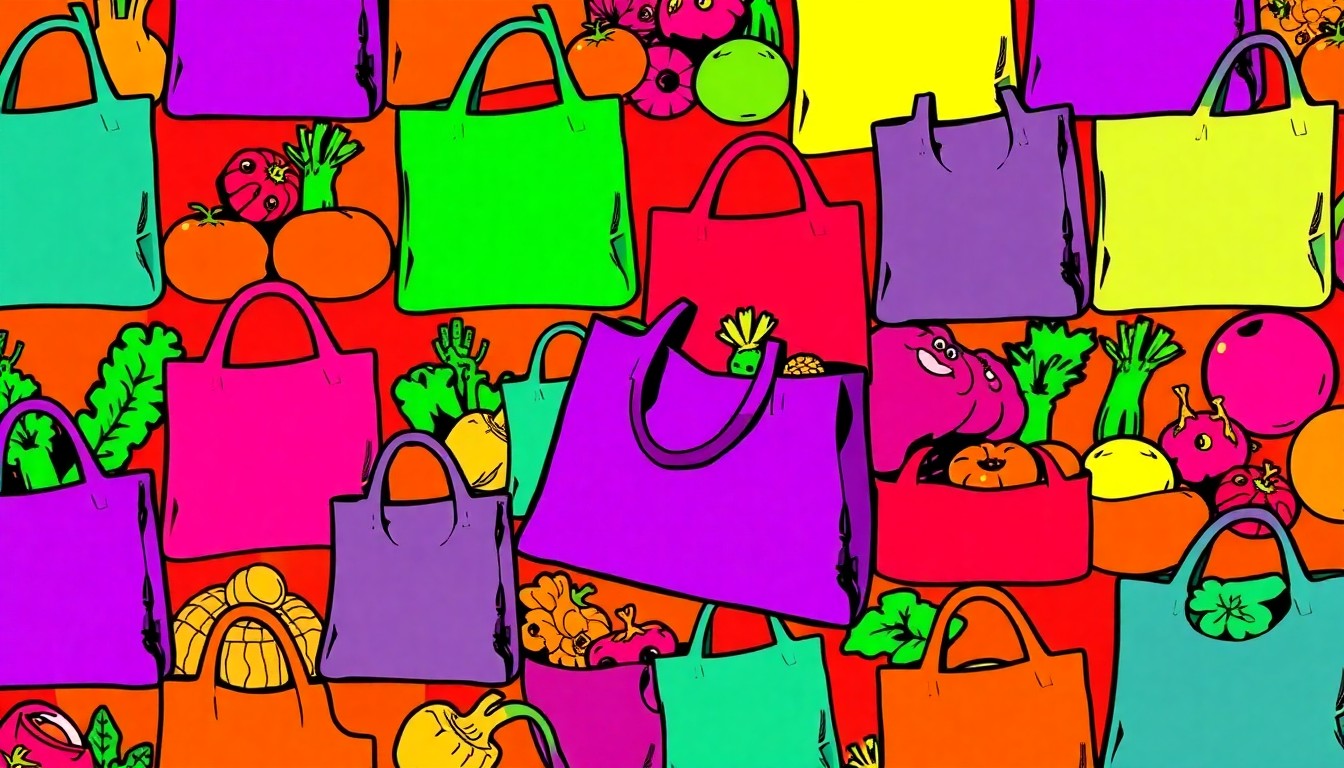 A brightly colored, high-contrast silkscreen print of a reusable grocery bag repeated in a tight grid pattern, conceptually representing the iconic natural foods co-op and its community-focused mission.