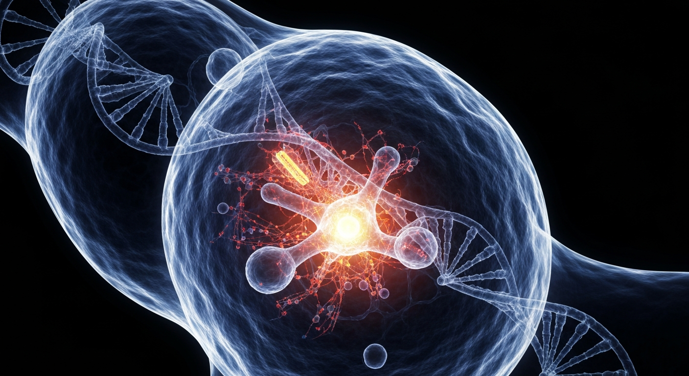 A highly detailed, translucent X-ray-style image revealing the intricate internal structure of a human cell, with a glowing network of DNA strands and cellular components, conceptually illustrating the complex biological processes involved in cancer treatment.