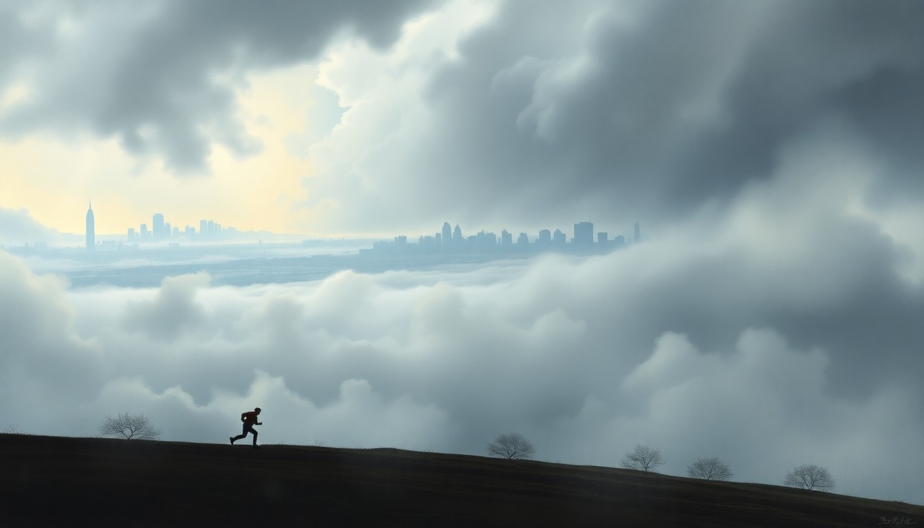 A sweeping, atmospheric landscape painting in muted tones of gray and blue, depicting the Boston skyline in the distance obscured by heavy fog and rain clouds. In the foreground, a lone runner battles the elements, their figure dwarfed by the overwhelming scale of the natural world.