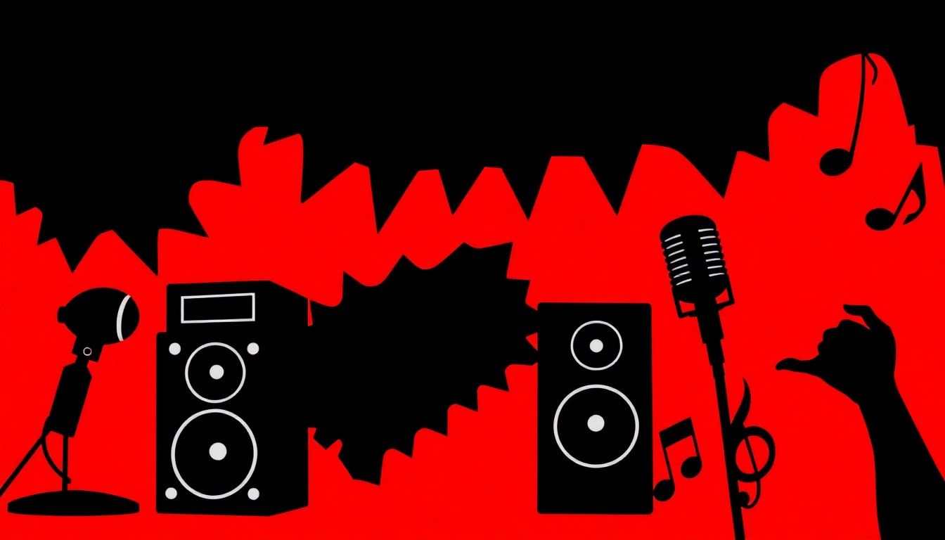 A striking abstract illustration featuring bold, geometric black silhouettes representing various hip-hop motifs, set against a high-contrast background of warm, fiery colors, conceptually capturing the energy and creativity of the local music scene being celebrated.