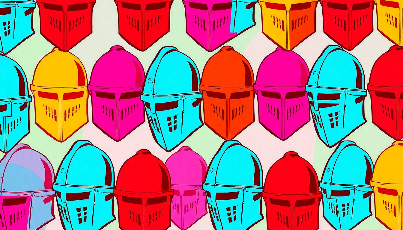 A brightly colored, high-contrast silkscreen print of a medieval knight's helmet repeated in a tight grid pattern, capturing the vibrant energy and iconic imagery of a Renaissance Faire in a modern pop art style.