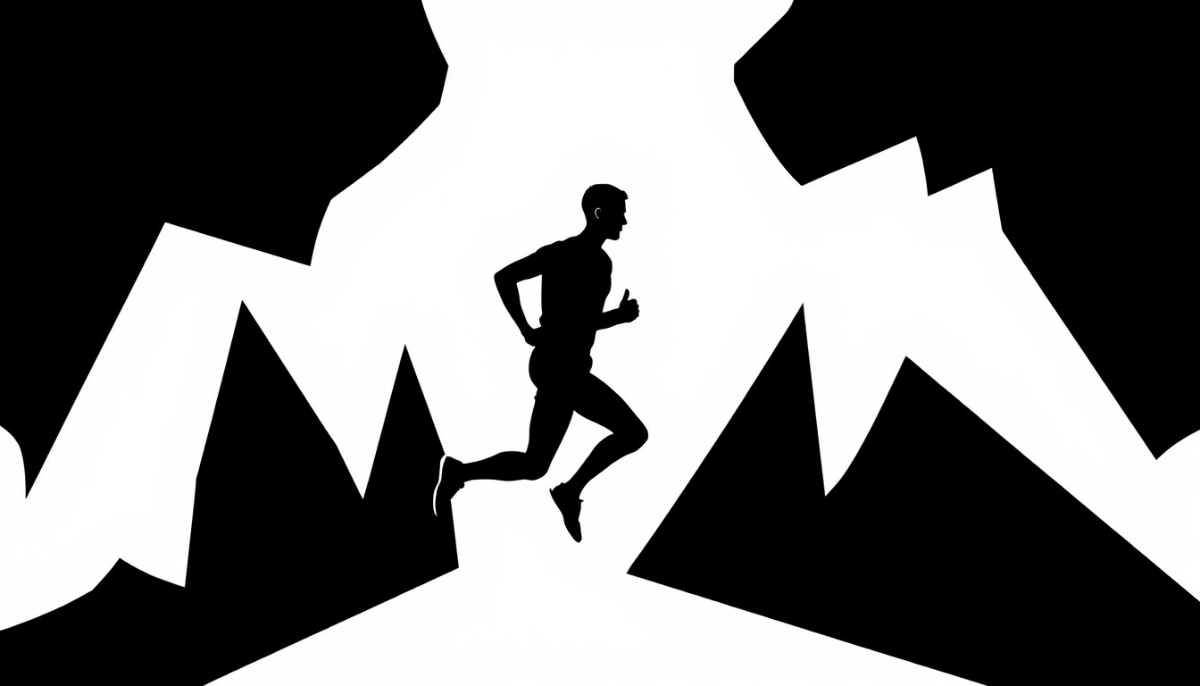 A striking black and white abstract illustration using bold, angular shapes to convey the themes of resilience and the transformative power of running, without any text or literal imagery.