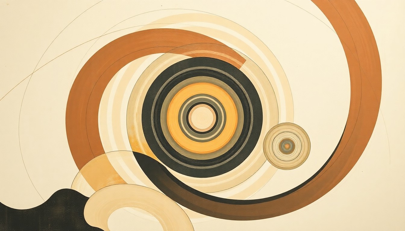 A highly structured, abstract painting in soft earth tones featuring sweeping geometric arcs, concentric circles, and precise botanical spirals, conceptually representing the complex natural systems and forces involved in erosion control and environmental compliance.