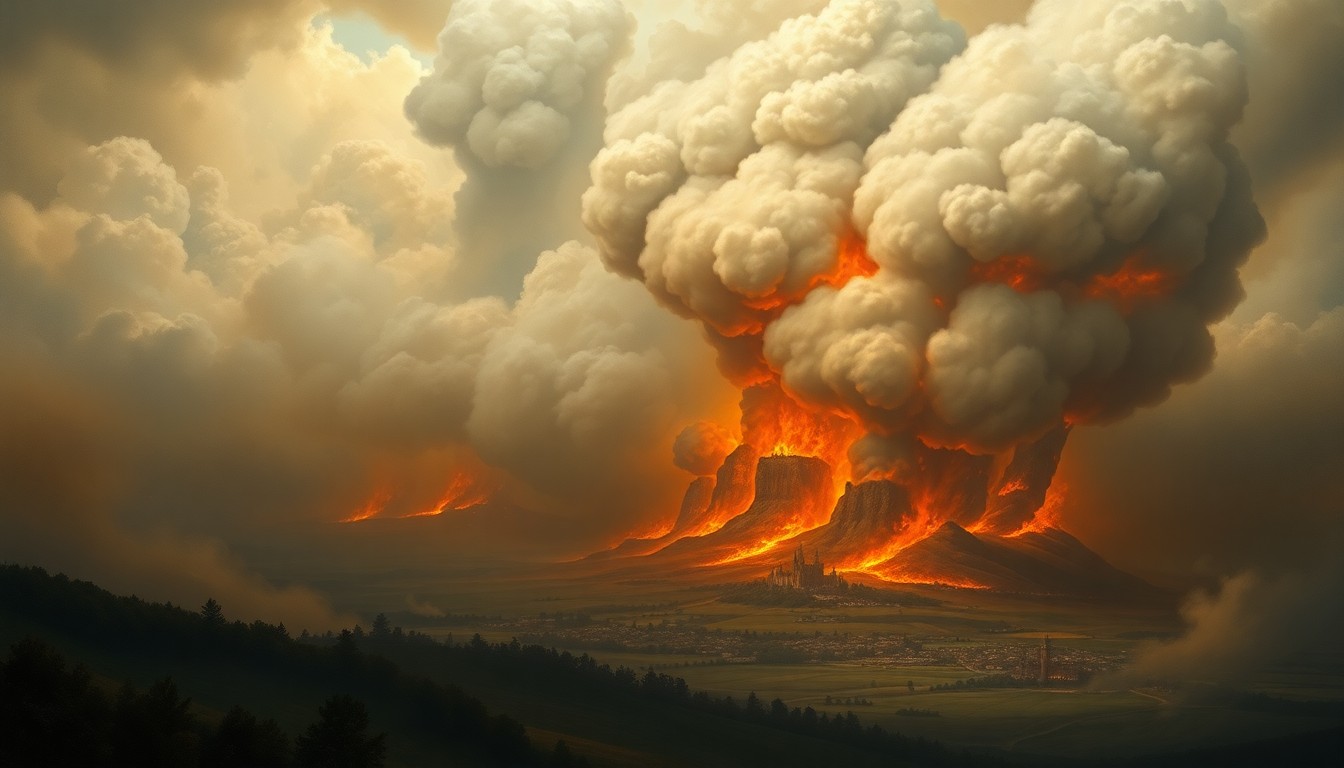 A sweeping, atmospheric landscape painting in muted earth tones, with a massive wall of smoke and flames consuming the horizon and dwarfing a small rural town in the distance, conveying the overwhelming power of the natural disaster.