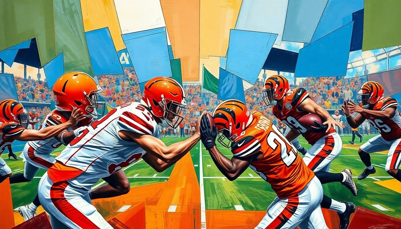 A cubist, geometric painting depicting a football game or competition, with sharp, overlapping planes of color representing the Browns and Bengals uniforms.