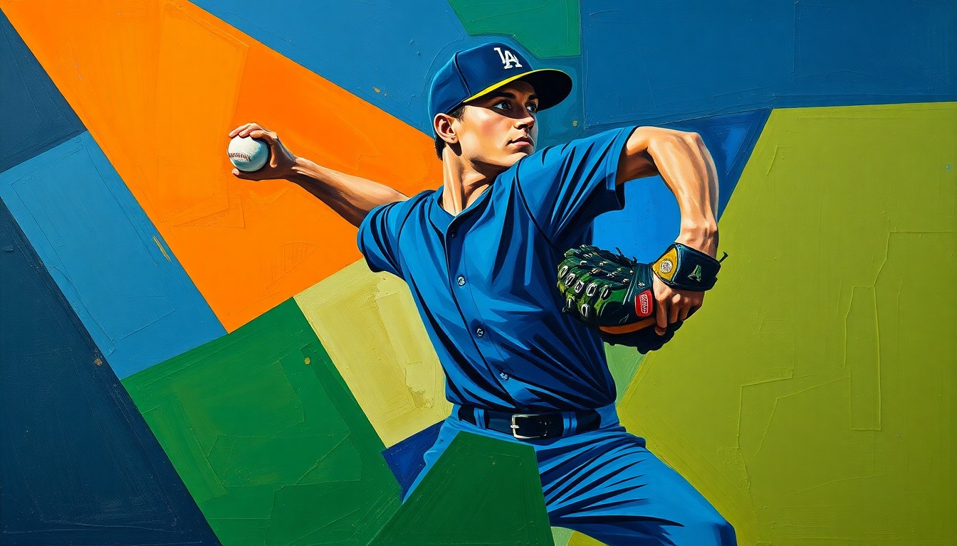 A fragmented, geometric painting in bold colors depicting the dynamic motion of a baseball pitcher's windup and delivery, conveying the intensity and drama of a crucial pitching duel.
