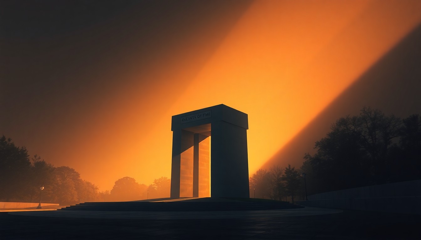 A serene, photorealistic painting of the Oklahoma City National Memorial's Gates of Time sculpture, with the iconic twin arches framing a tranquil reflecting pool and the surrounding grounds bathed in warm, dramatic lighting, conveying a sense of solemn remembrance.