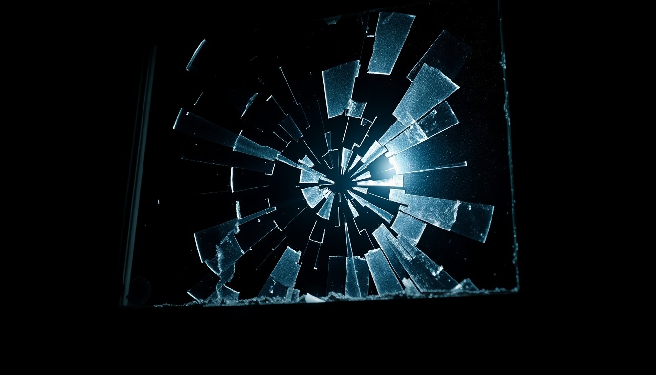 An extreme close-up photograph of a shattered household object, such as a broken picture frame or lamp, captured with harsh, direct lighting to create a stark, investigative aesthetic that conceptually represents the violence and tragedy of the Weymouth roommate killing case.