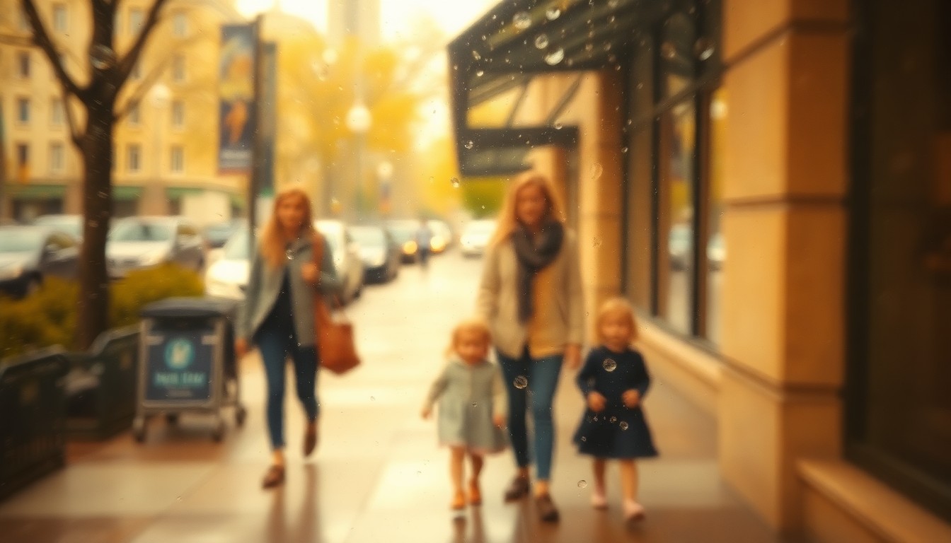 An impressionistic, out-of-focus scene of a family with young children walking down a sidewalk, rendered in soft, warm-toned colors and light.