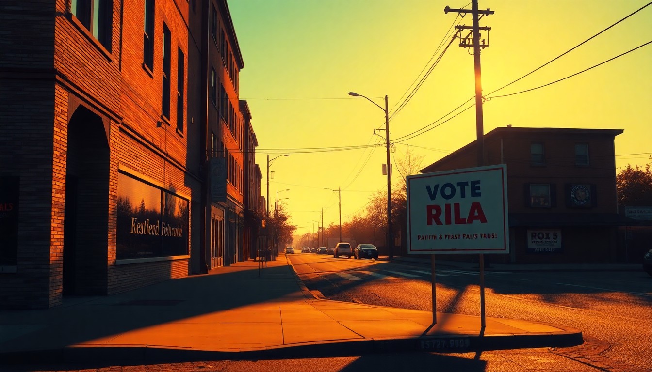 A serene, cinematic painting of a lone political campaign sign on a deserted street corner, the sign's message obscured by warm, dramatic lighting and deep shadows, conveying a sense of quiet contemplation about the shifting political landscape.