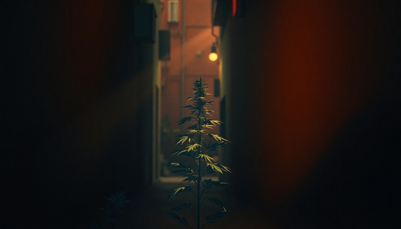 A moody, atmospheric painting of a single cannabis plant growing in an urban alleyway, with warm sunlight and deep shadows creating a sense of quiet contemplation around the plant's uncertain future.