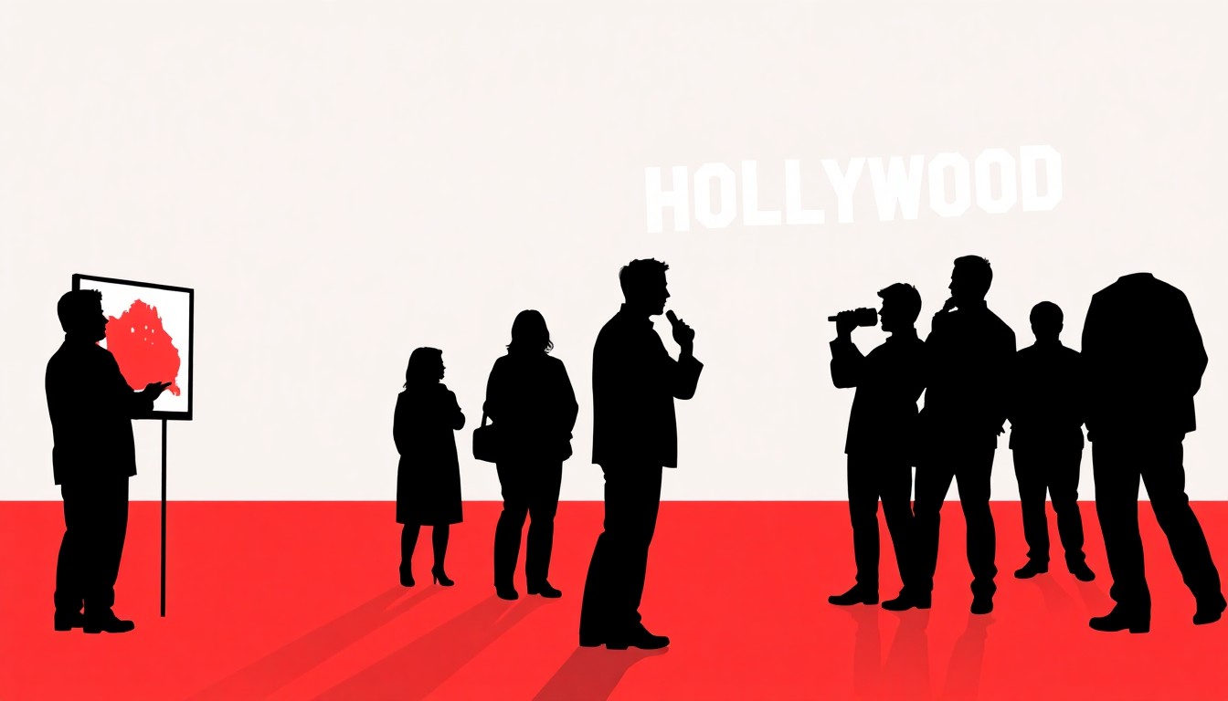 An abstract, minimalist illustration using bold black shapes and high-contrast colors to conceptually represent a comedian's journey from Australia to the United States entertainment industry.