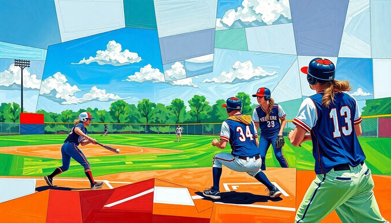 A fractured, cubist-style painting depicting the dynamic action of a high school softball game, with players and the field broken down into sharp, overlapping geometric shapes and planes of vibrant team colors.