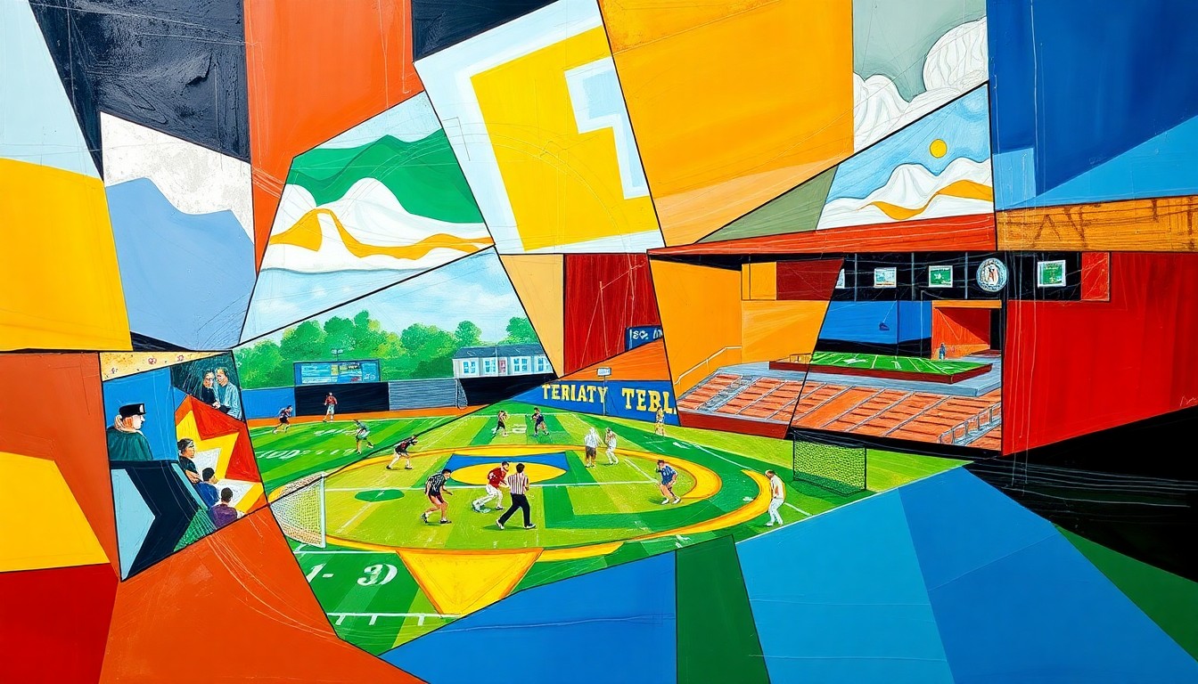 A cubist, geometric painting depicting the dynamic motion and energy of a high school sports competition, with overlapping shapes and planes in the team colors of the local schools.
